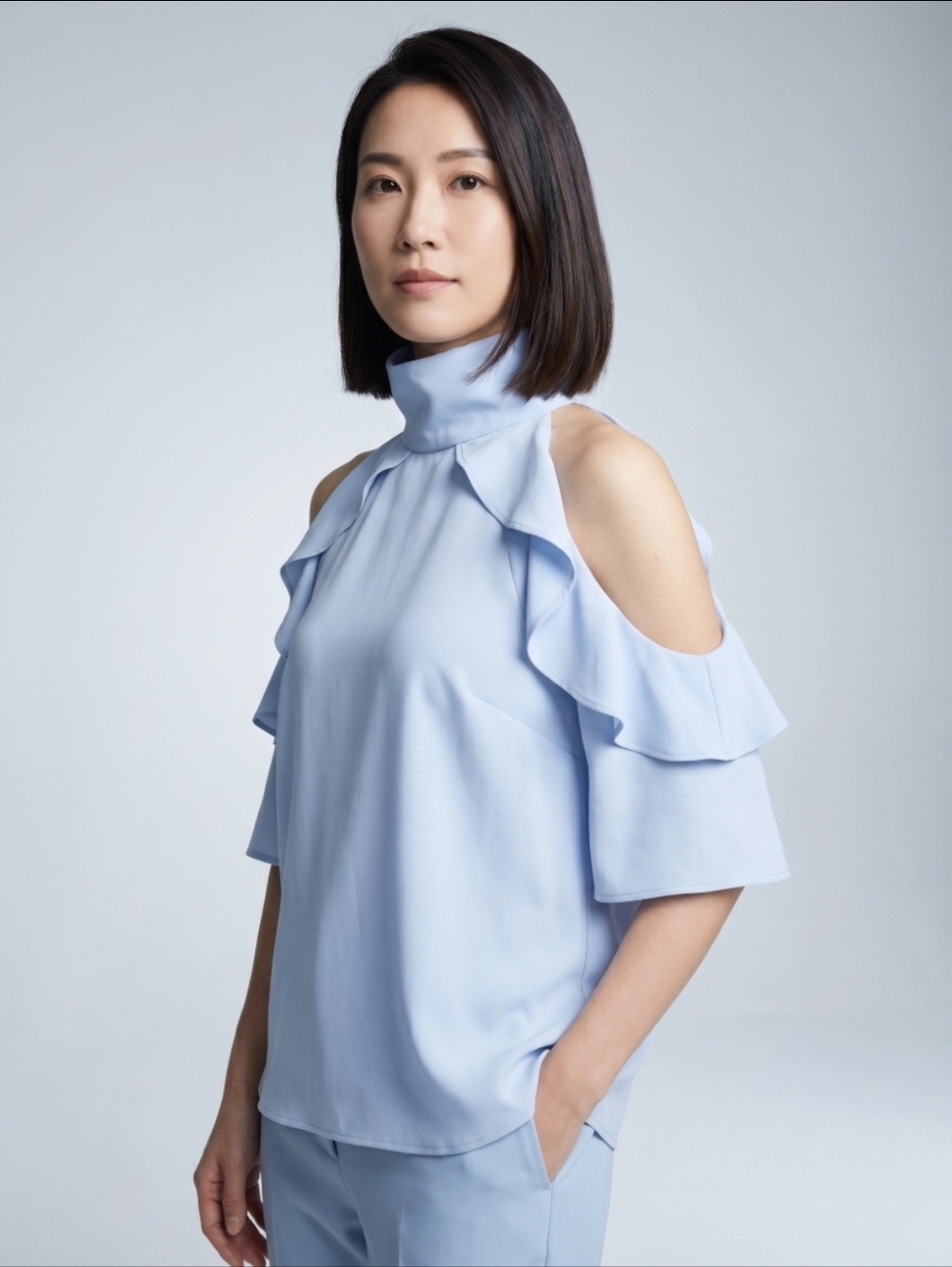 TOPSHOP BABY BLUE RUFFLE OPEN ARM TOP SZ S 4